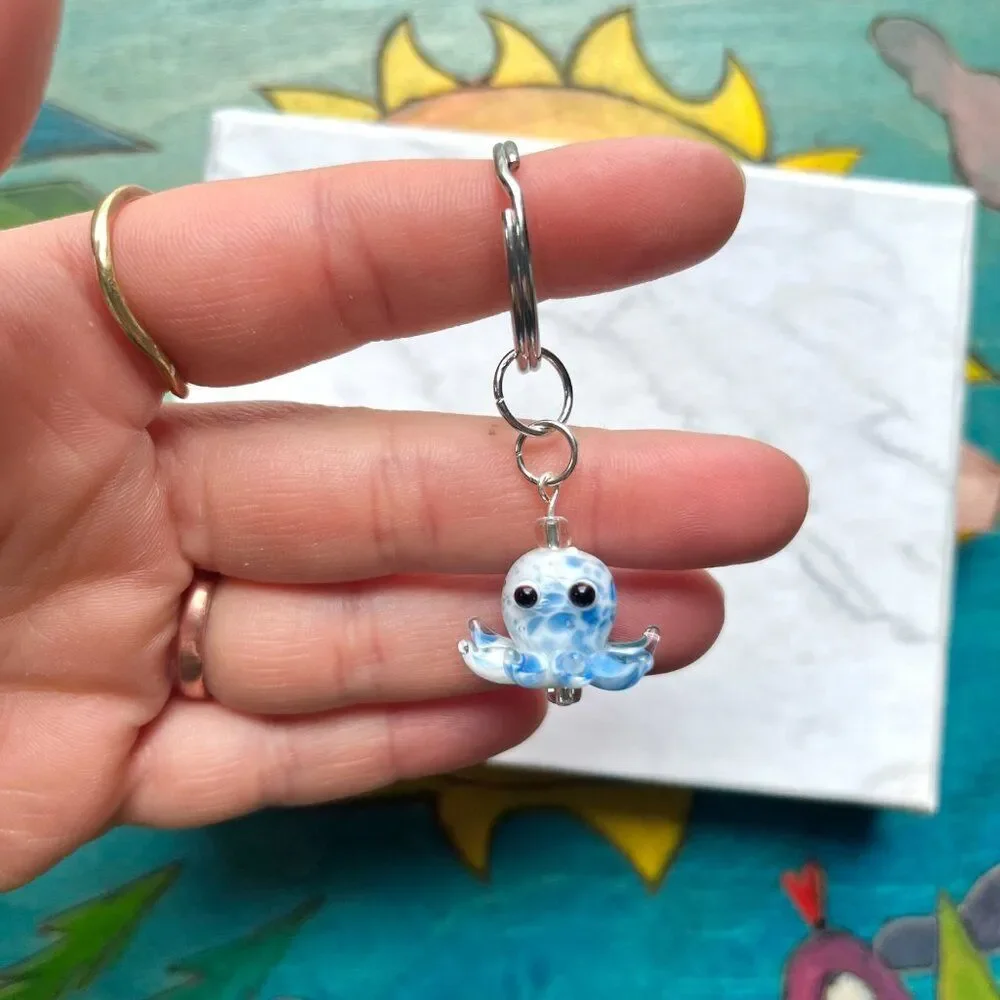 White and Blue Spotted Octopus / Squid Key Chain